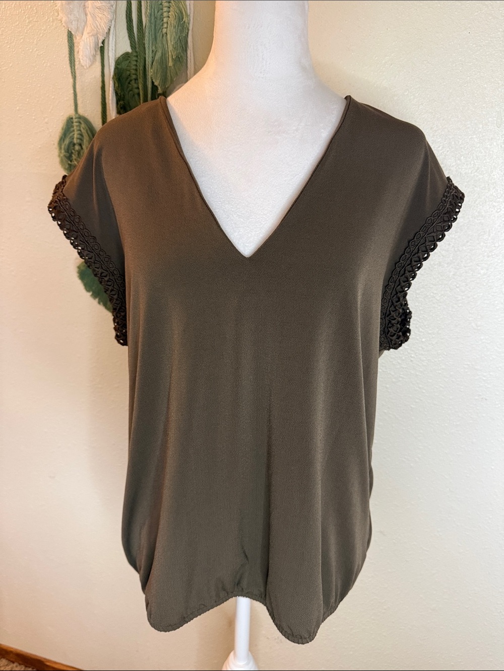 Express Olive V-Neck Blouse with Crochet Sleeve Trim